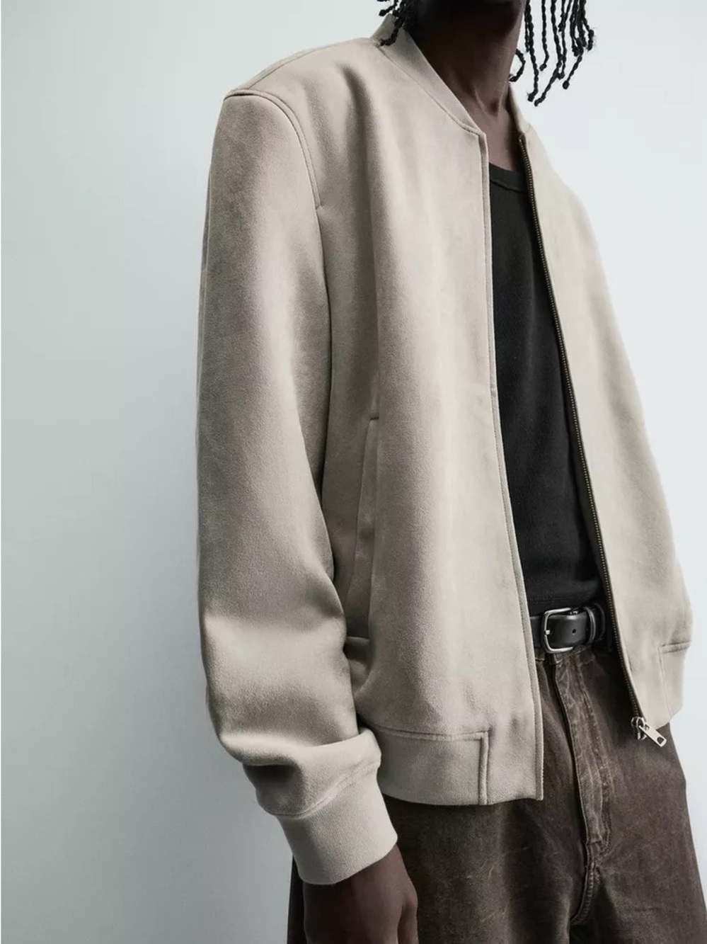 ZARA Man Faux Suede Bomber Jacket S Beige Stone Tan Minimalist Aesthetic Coat - Picture 11 of 16